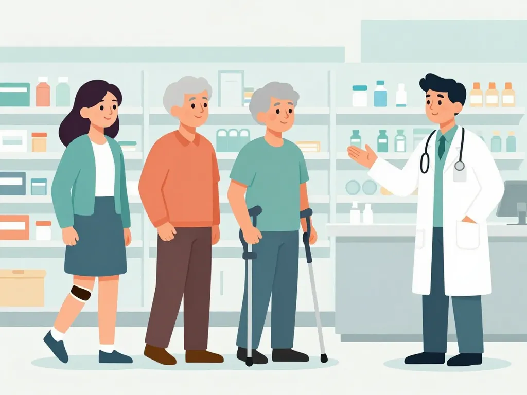 personnes avec bequille pharmacie et pharmacien