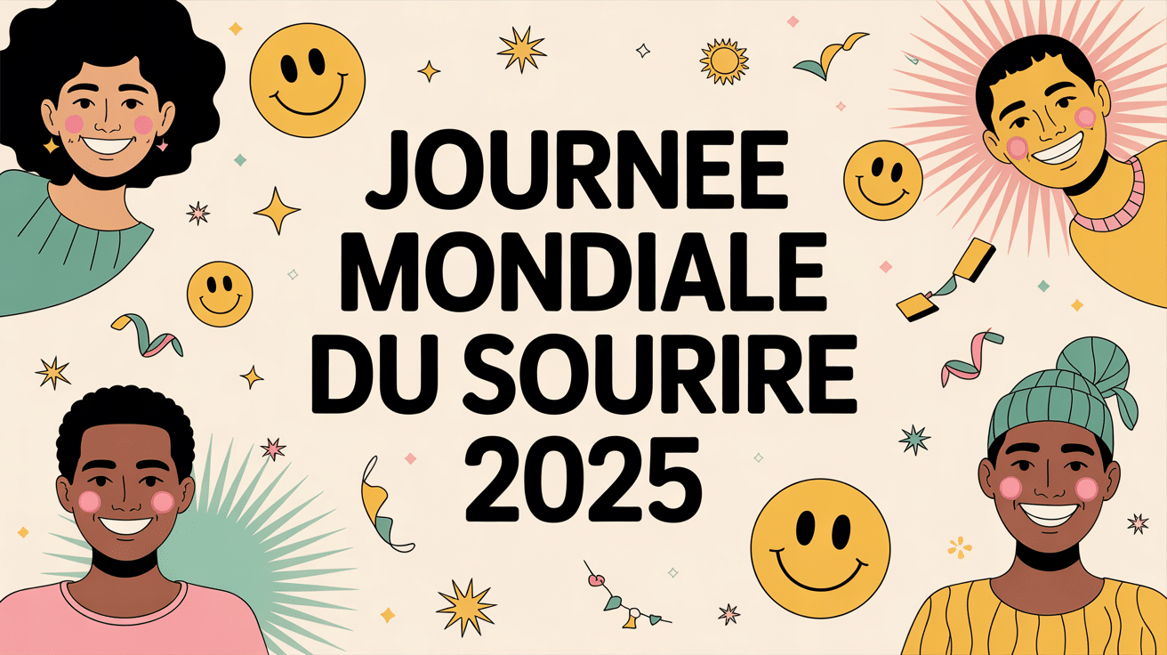 Illustration joyeuse de la journée mondiale du sourire 2024 avec smileys et couleurs vives