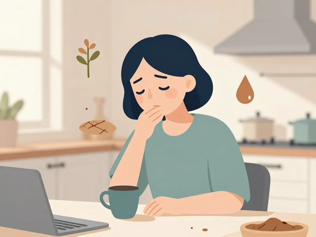 personne avec tasse de café et symptômes gougerot, bouche sèche, fatigue