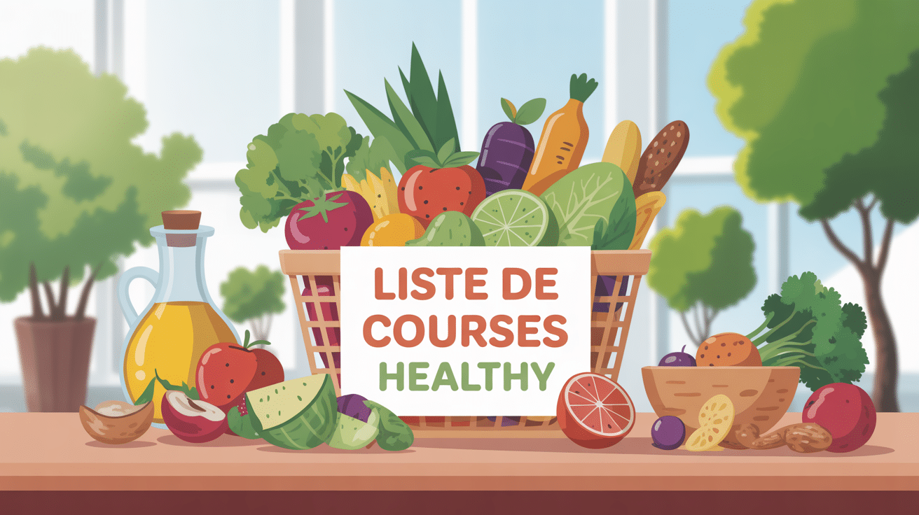 liste de courses healthy sur une table avec aliments sains