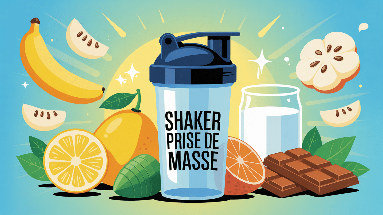 illustration shaker prise de masse avec ingrédients protéines glucides lipides