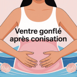Illustration d'une femme avec ventre gonflé après conisation sur fond pastel