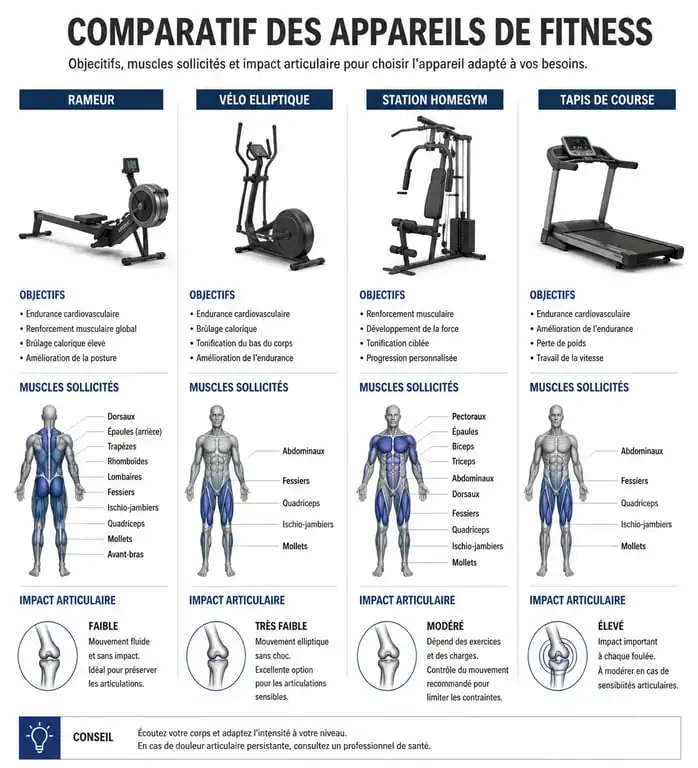Infographie comparative des meilleurs appareils de sport pour un entraînement complet du corps