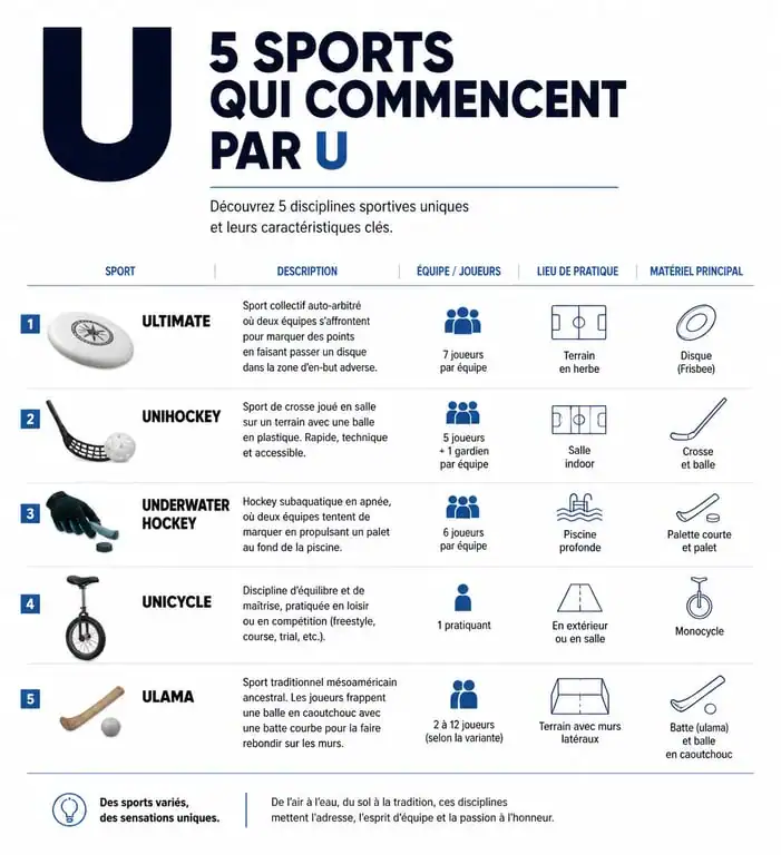 Infographie comparative des sports commençant par la lettre U pour jeux de culture générale