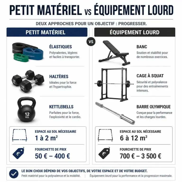 Infographie comparative du matériel de sport maison : petit matériel vs équipement lourd pour home gym