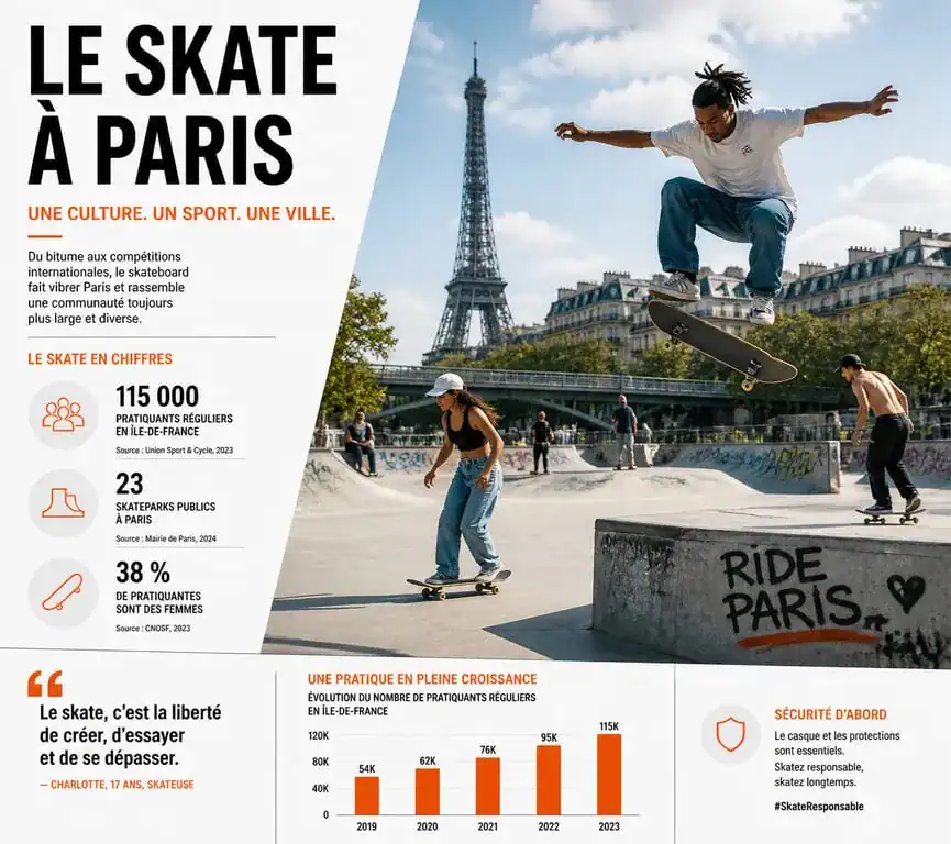 Skatepark à Paris, skateurs pratiquant dans un skatepark urbain moderne