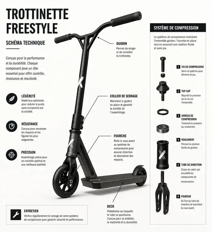 Schéma technique des composants d'une trottinette freestyle pour choisir sa marque