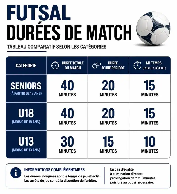 Tableau récapitulatif de la durée d'un match de futsal par catégorie d'âge et niveau de compétition