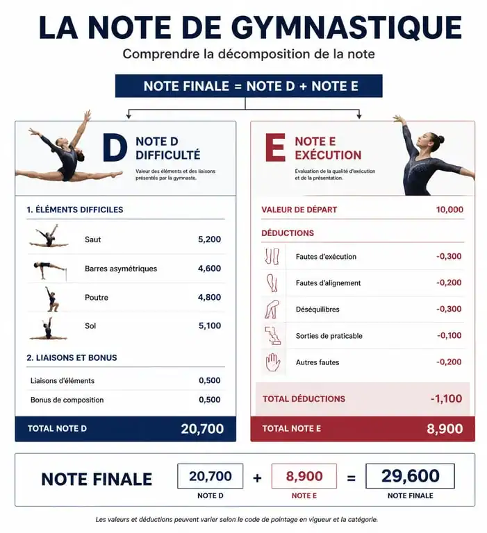 Schéma explicatif de la note gymnastique sur combien, détaillant le calcul entre difficulté et exécution.