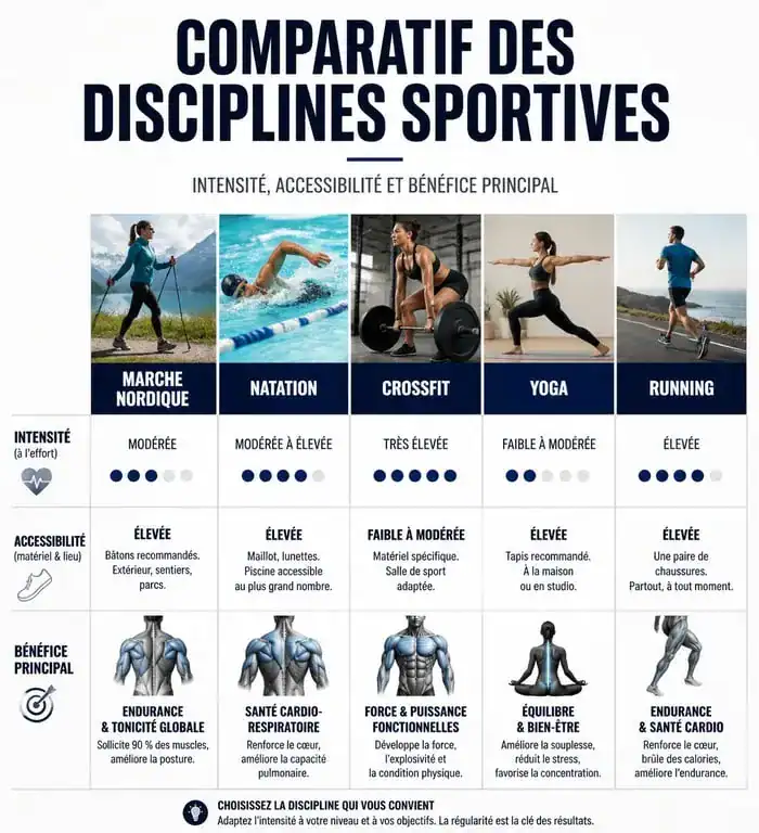 Infographie comparative pour choisir quel sport pratiquer selon ses objectifs et son profil
