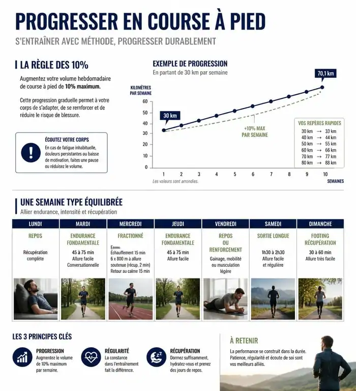 Infographie sur les principes de l'entraînement à la course à pied et la règle des 10%
