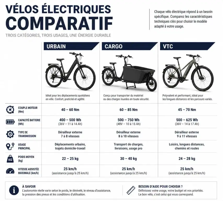 Infographie comparative des types de VAE : urbain, cargo et VTC pour choisir le meilleur vélo électrique 2025