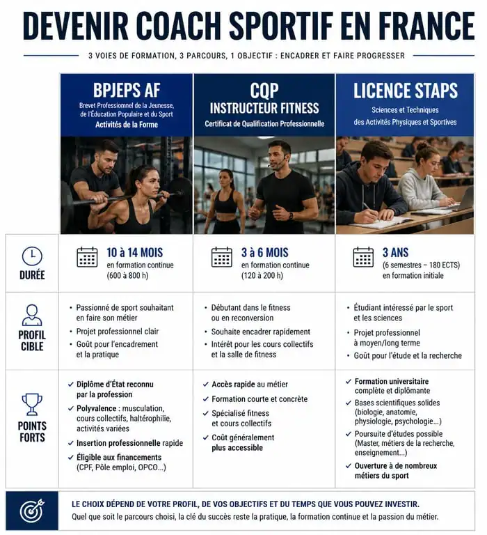 Infographie comparative des formations pour devenir coach sportif : BPJEPS, CQP et STAPS