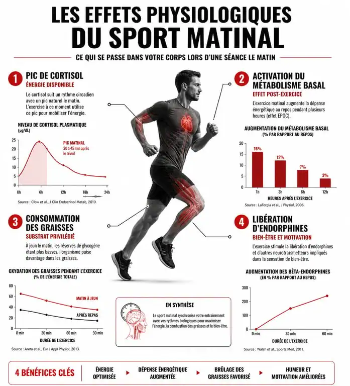 Infographie des bienfaits physiologiques du sport matinal sur le métabolisme et les hormones