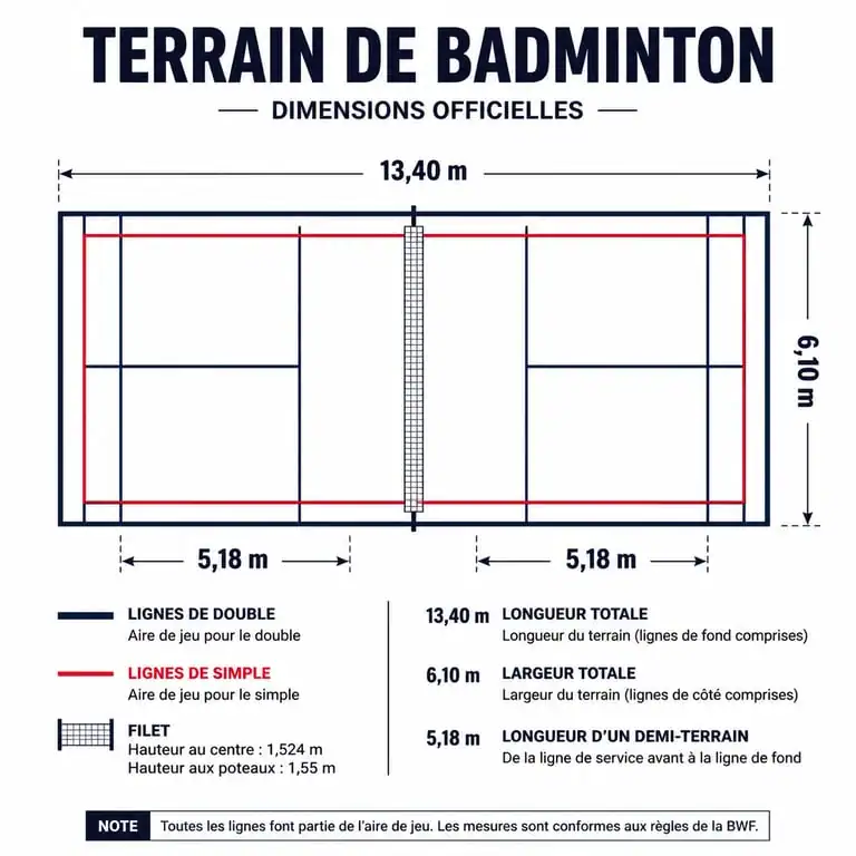 Schéma des dimensions officielles d'un terrain de badminton simple et double