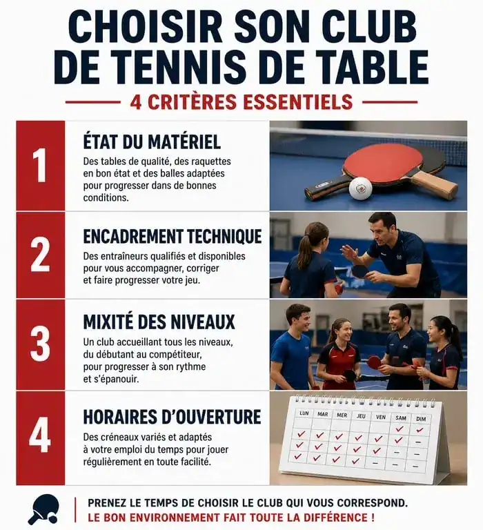 Infographie des critères pour choisir son club de tennis de table