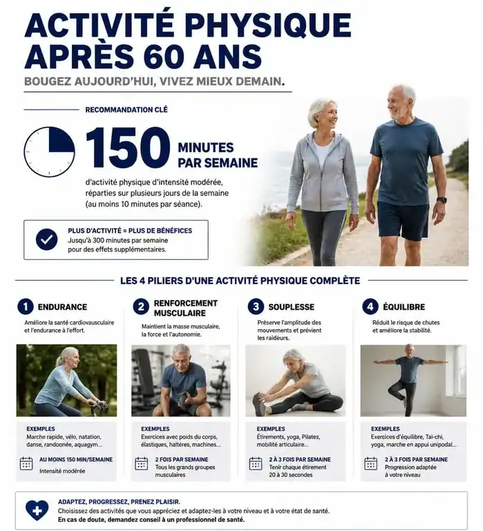 Infographie des recommandations d'activité physique et sport après 60 ans pour rester en bonne santé
