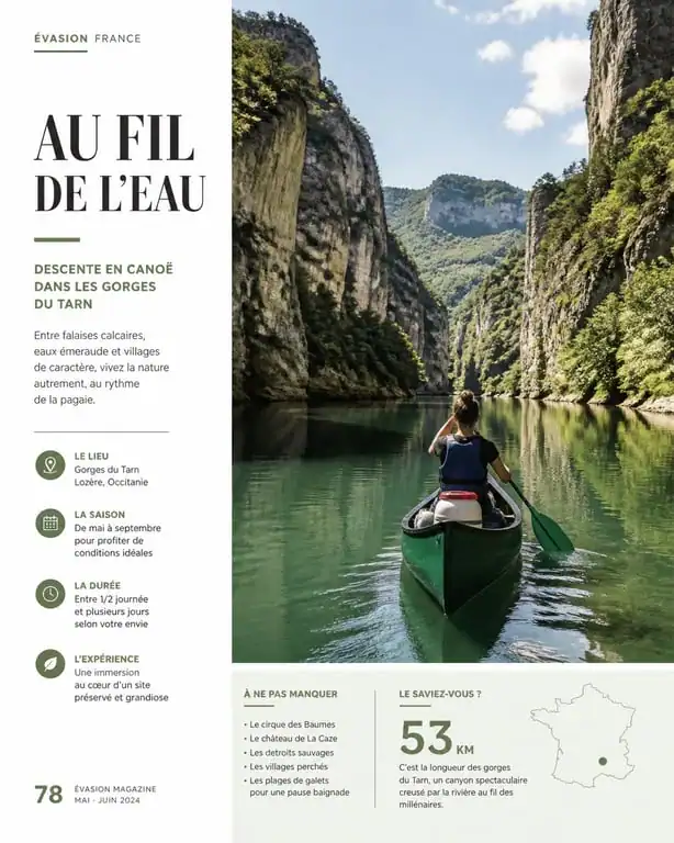 Canoë naviguant sur une rivière en France pour une sortie en pleine nature