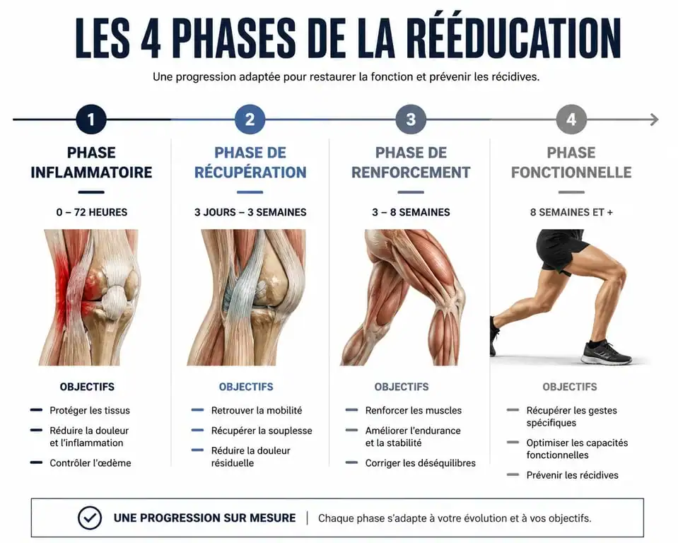 Infographie des 4 phases de la rééducation kiné pour une récupération optimale