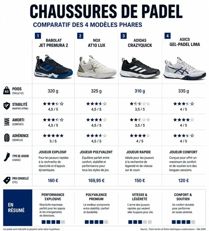 Infographie comparative des meilleures chaussures de padel : Babolat, Nox, Adidas et Asics pour choisir son équipement.