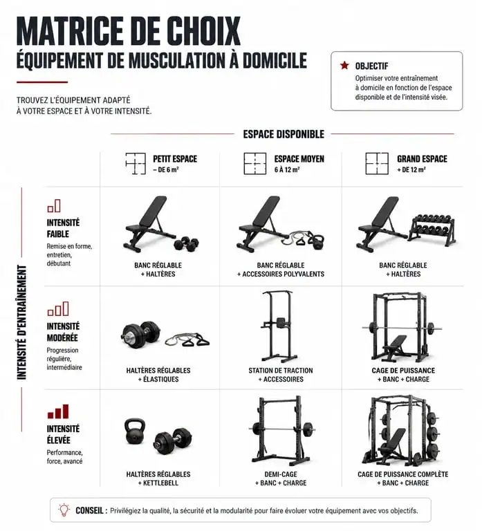 Matrice de choix pour équipement de musculation à domicile selon l'espace et l'objectif