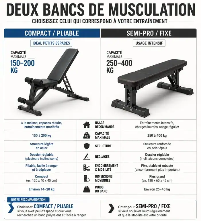 Comparatif des types de banc de musculation avec poids : compact vs semi-pro