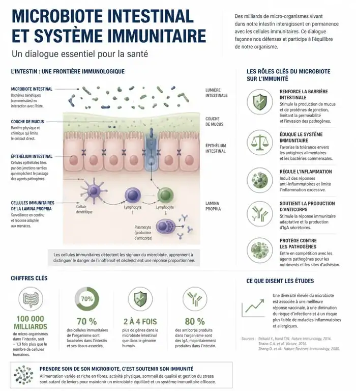 Infographie expliquant le rôle du microbiote dans le renforcement du système immunitaire
