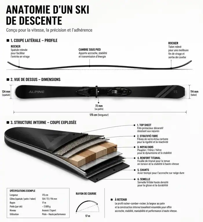 Schéma technique des composants d'un ski de descente : cambre, rocker et largeur au patin.