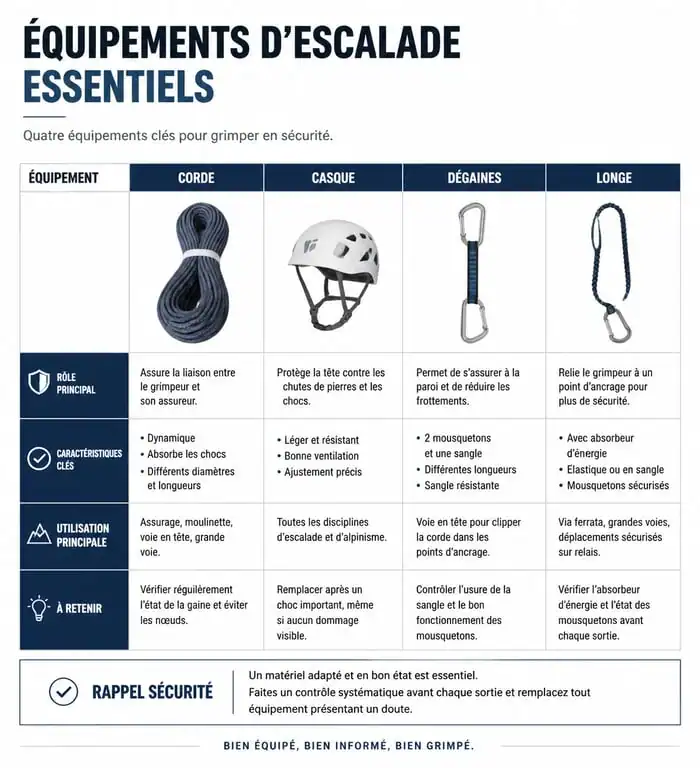 Infographie comparative du matériel d'escalade essentiel : corde, casque, dégaines et longe pour la sécurité en falaise.