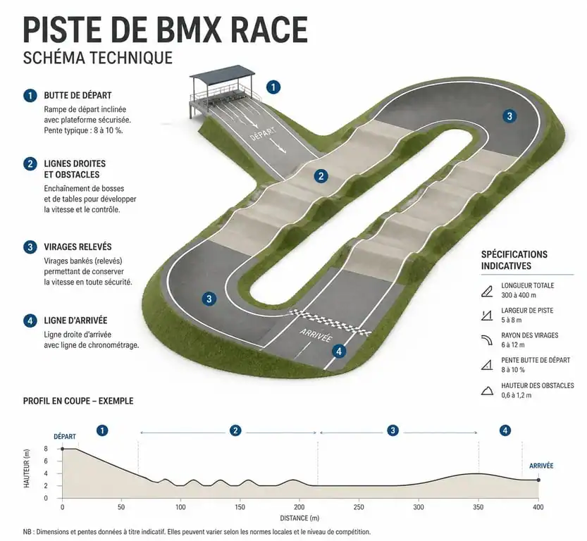Schéma technique d'une piste de BMX Race avec ses composants principaux