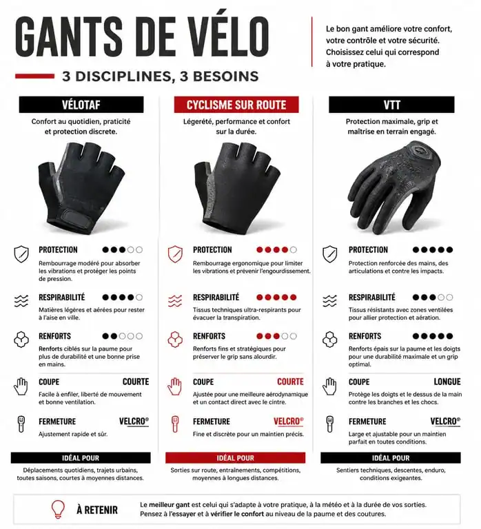 Infographie comparative des types de gants vélo selon la pratique