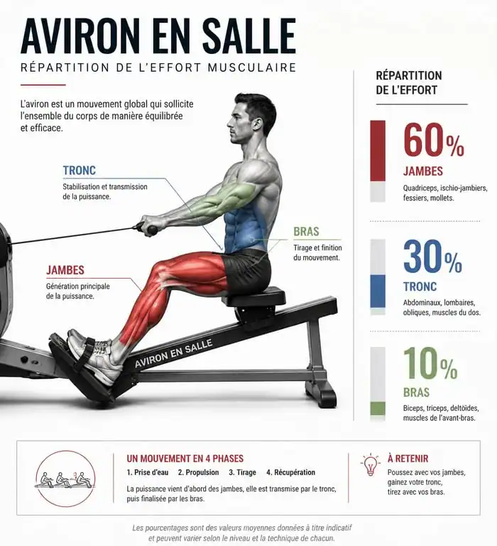 Infographie des bienfaits de l'aviron sport et muscles sollicités