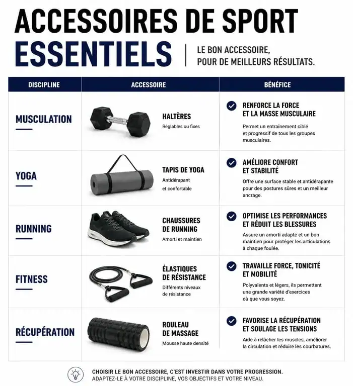 Infographie comparative des accessoires pour sport par discipline