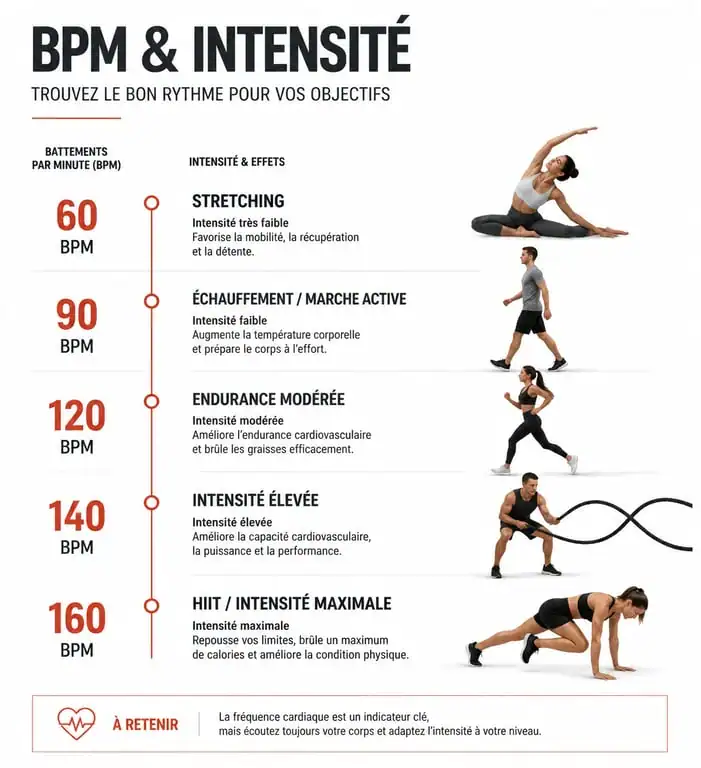Infographie des zones de BPM pour le fitness en musique