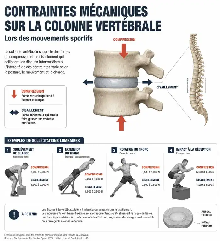 Schéma des contraintes mécaniques sur la colonne lombaire lors de la pratique sportive