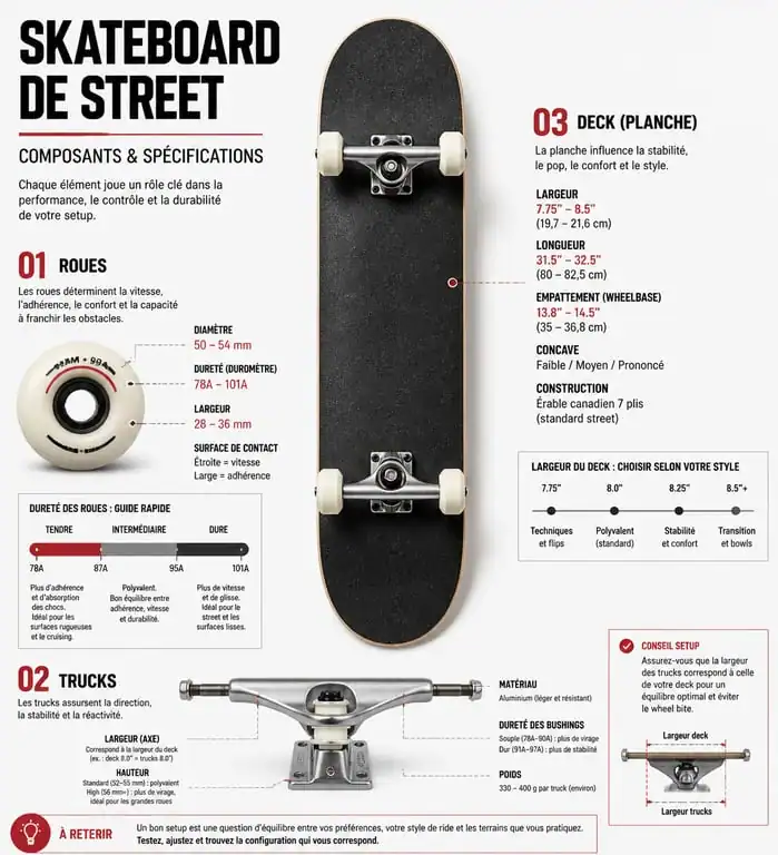 Infographie des composants techniques d'un skateboard pour le street sport