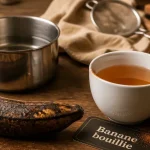 Banane bouillie bienfaits santé, banane bouillie et cannelle sur table en bois
