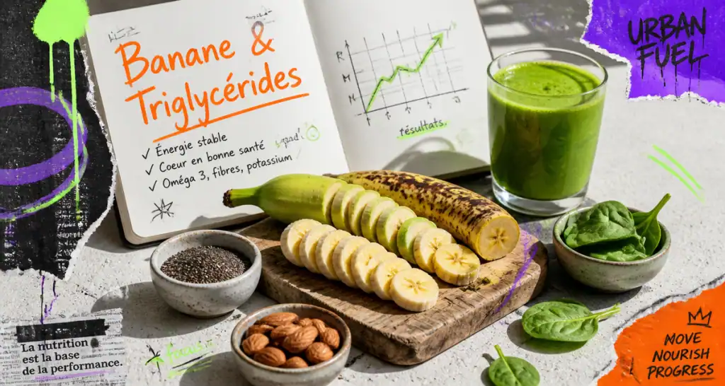 banane et triglycérides sur une table avec aliments sains