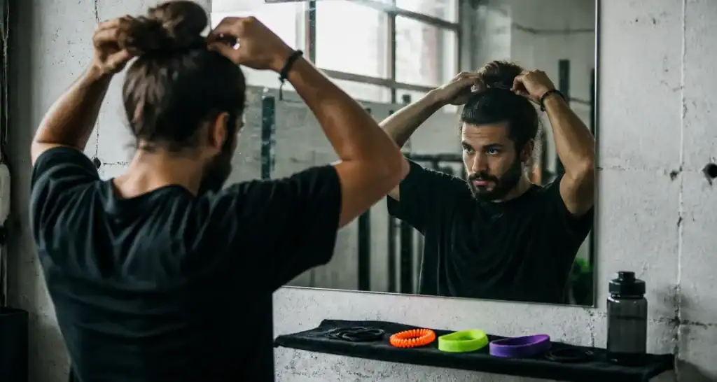 elastique cheveux homme man bun miroir