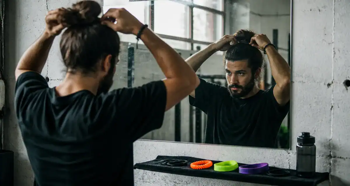 elastique cheveux homme man bun miroir