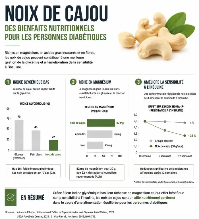 Infographie sur les bienfaits nutritionnels des noix de cajou et diabète