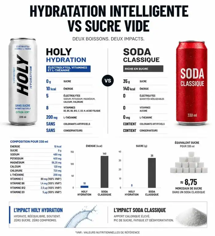 Infographie comparative des bienfaits santé de Holy Hydration par rapport aux sodas classiques