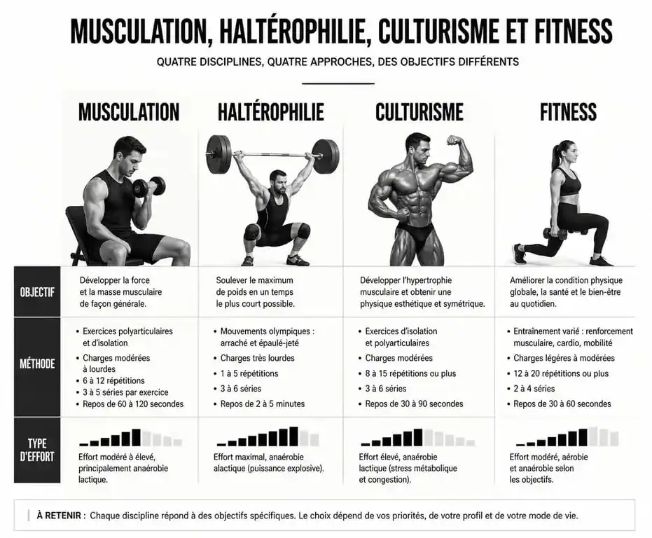 Infographie comparative des disciplines : musculation, haltérophilie, culturisme et fitness