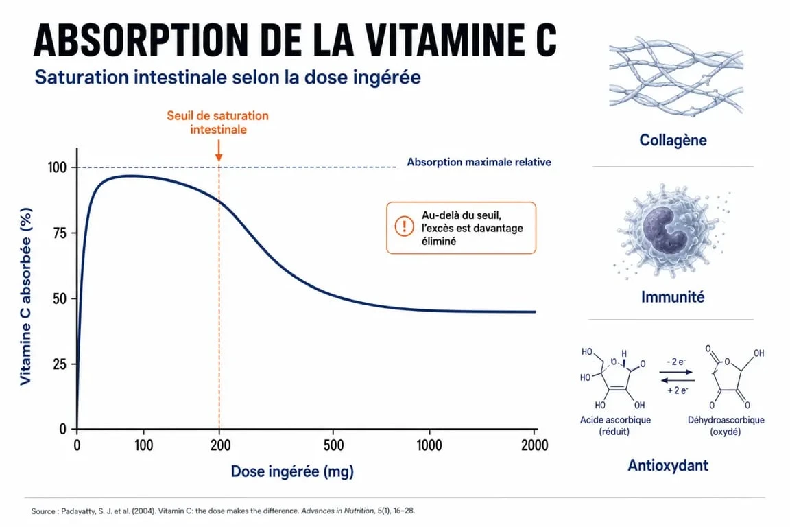 Infographie sur l'absorption et les bienfaits de 1g de vitamine C par jour