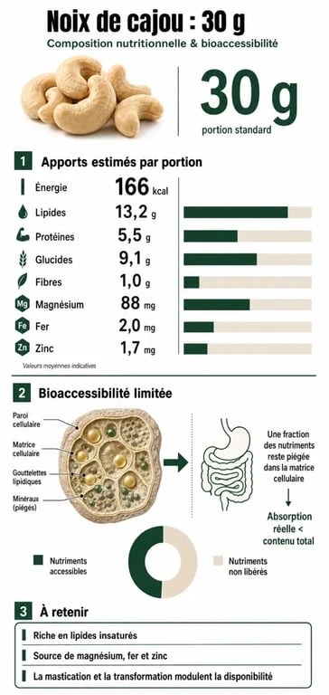 Infographie sur les bienfaits nutritionnels et la gestion du poids avec la noix de cajou