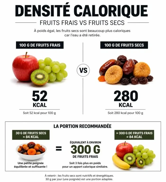 Infographie sur les calories dans les fruits secs : comparaison entre fruits frais et séchés et portion recommandée de 30g.