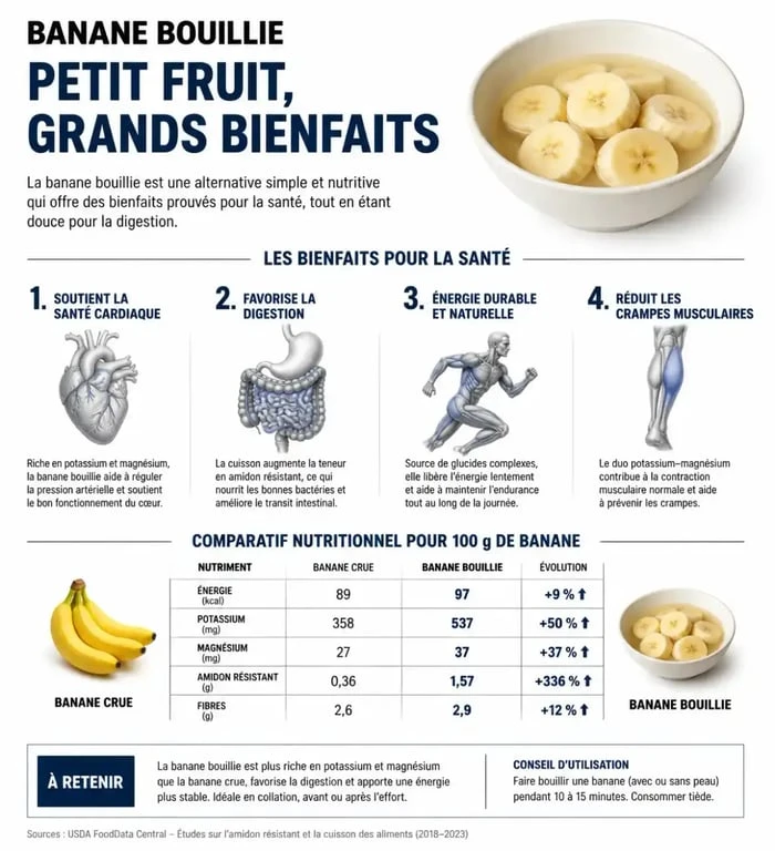 Infographie des bienfaits santé de la banane bouillie et comparaison nutritionnelle
