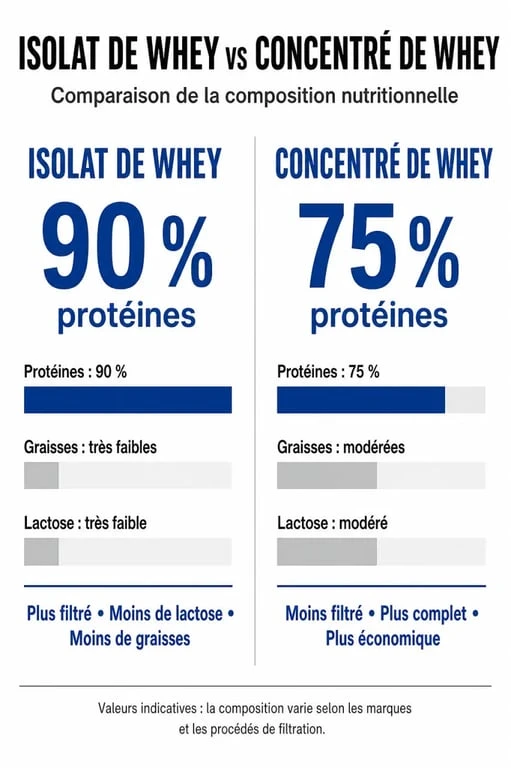 Infographie comparative des bienfaits de l'isolat de whey Bulk par rapport au concentré de whey pour la nutrition sportive