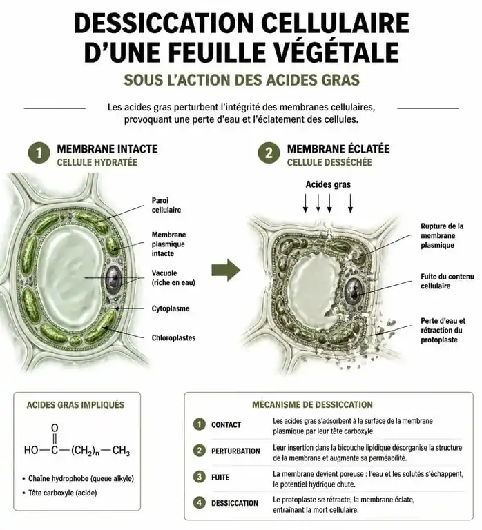 Schéma du mode d'action des acides capriques et capryliques sur les cellules végétales pour le désherbage naturel
