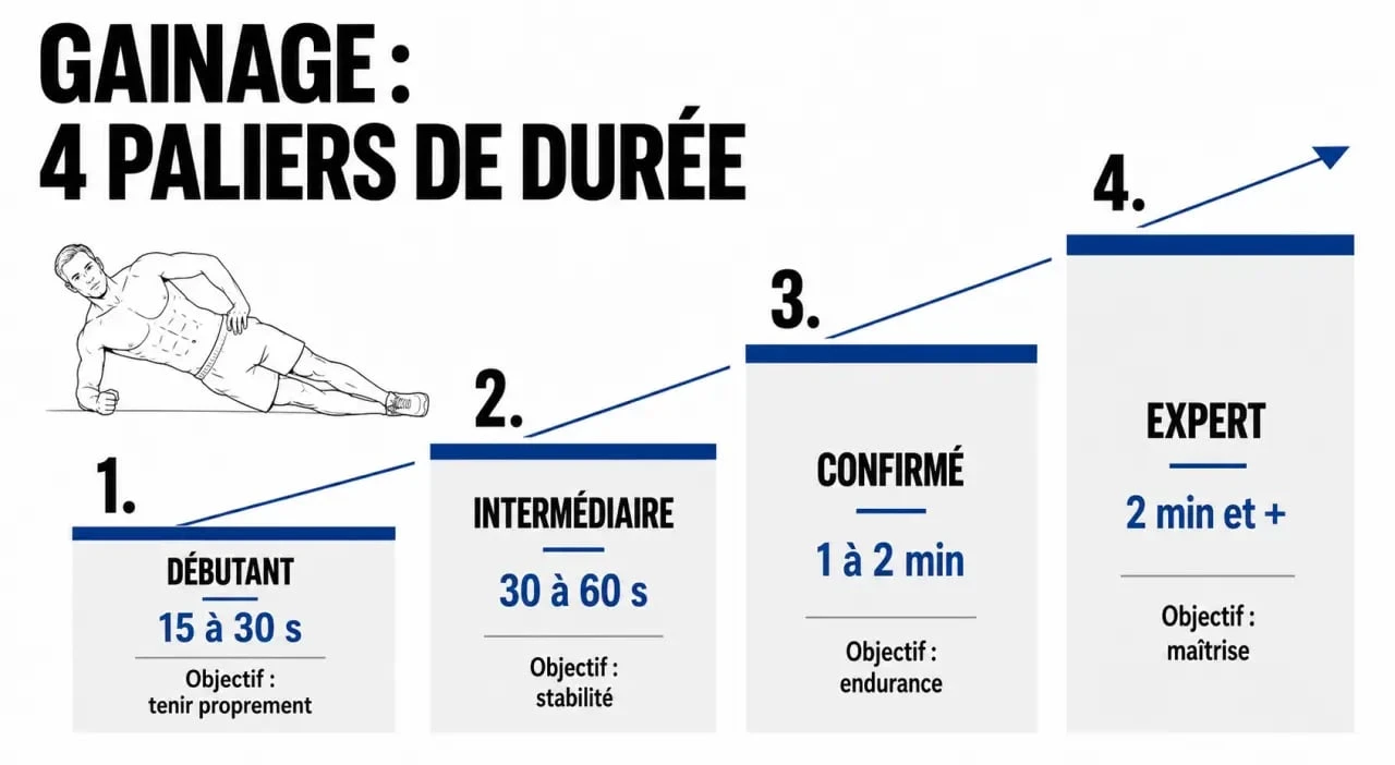 Infographie des paliers de durée pour le gainage : combien de temps tenir en planche selon son niveau